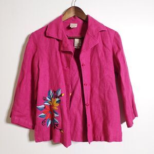 F.L. Malik Pink Linen Top And Tank Set Sz S 3/4 Sleeve Button Up Floral Womens